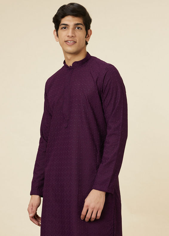 Manyavar Men Jamun Purple Jaal Patterned Chikankari Kurta Set