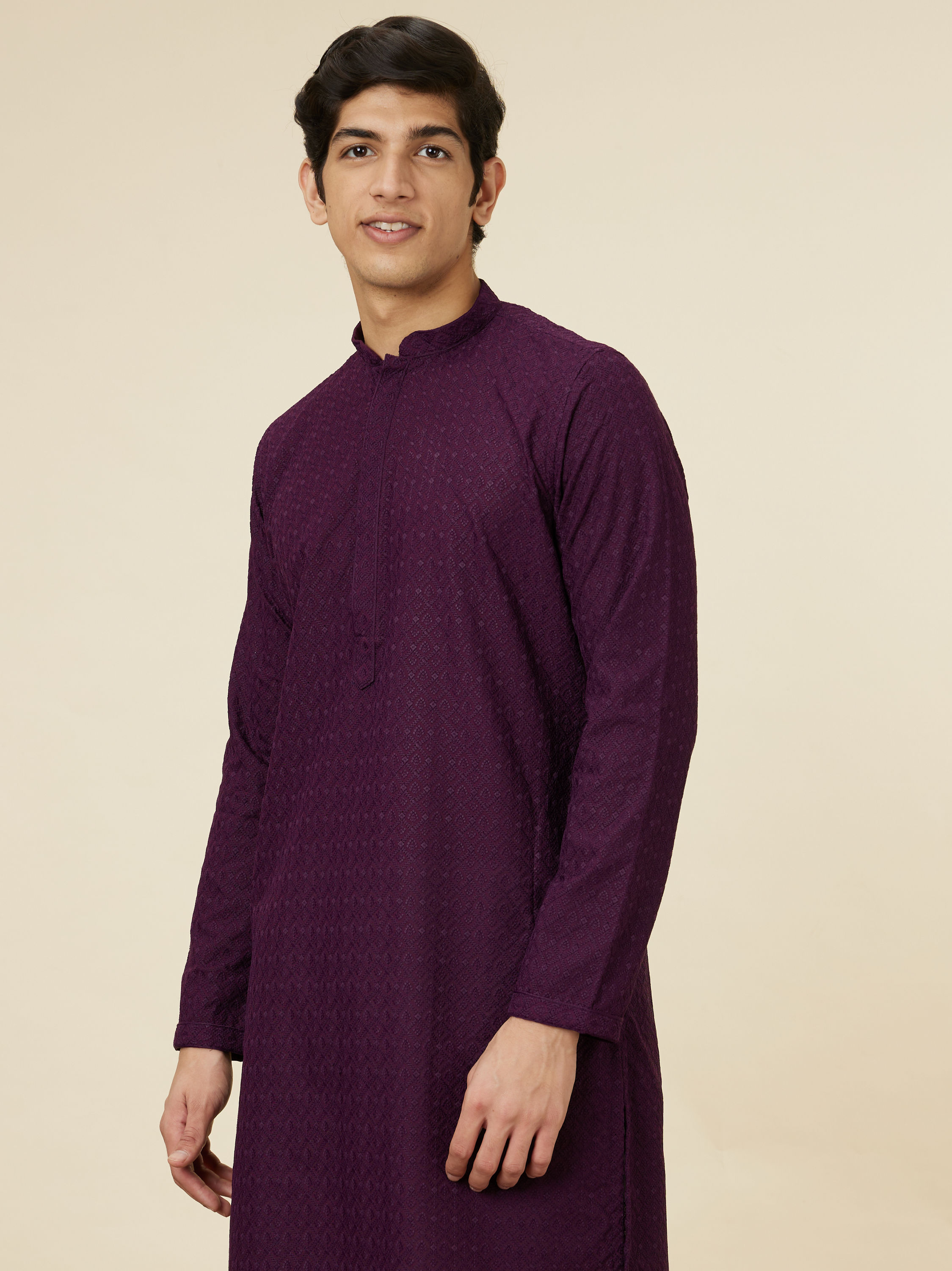 Manyavar Men Jamun Purple Jaal Patterned Chikankari Kurta Set