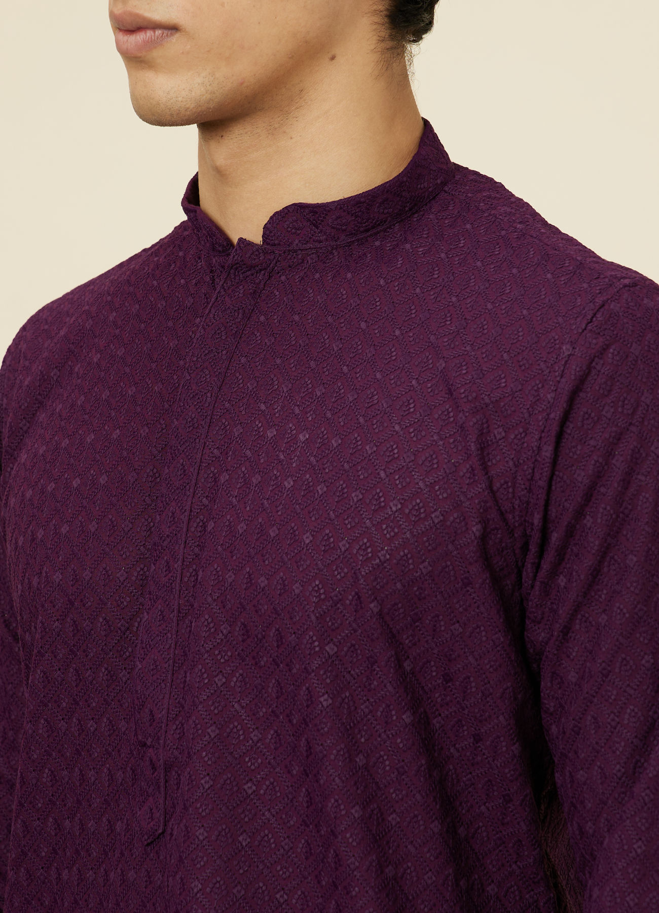 Manyavar Men Jamun Purple Jaal Patterned Chikankari Kurta Set