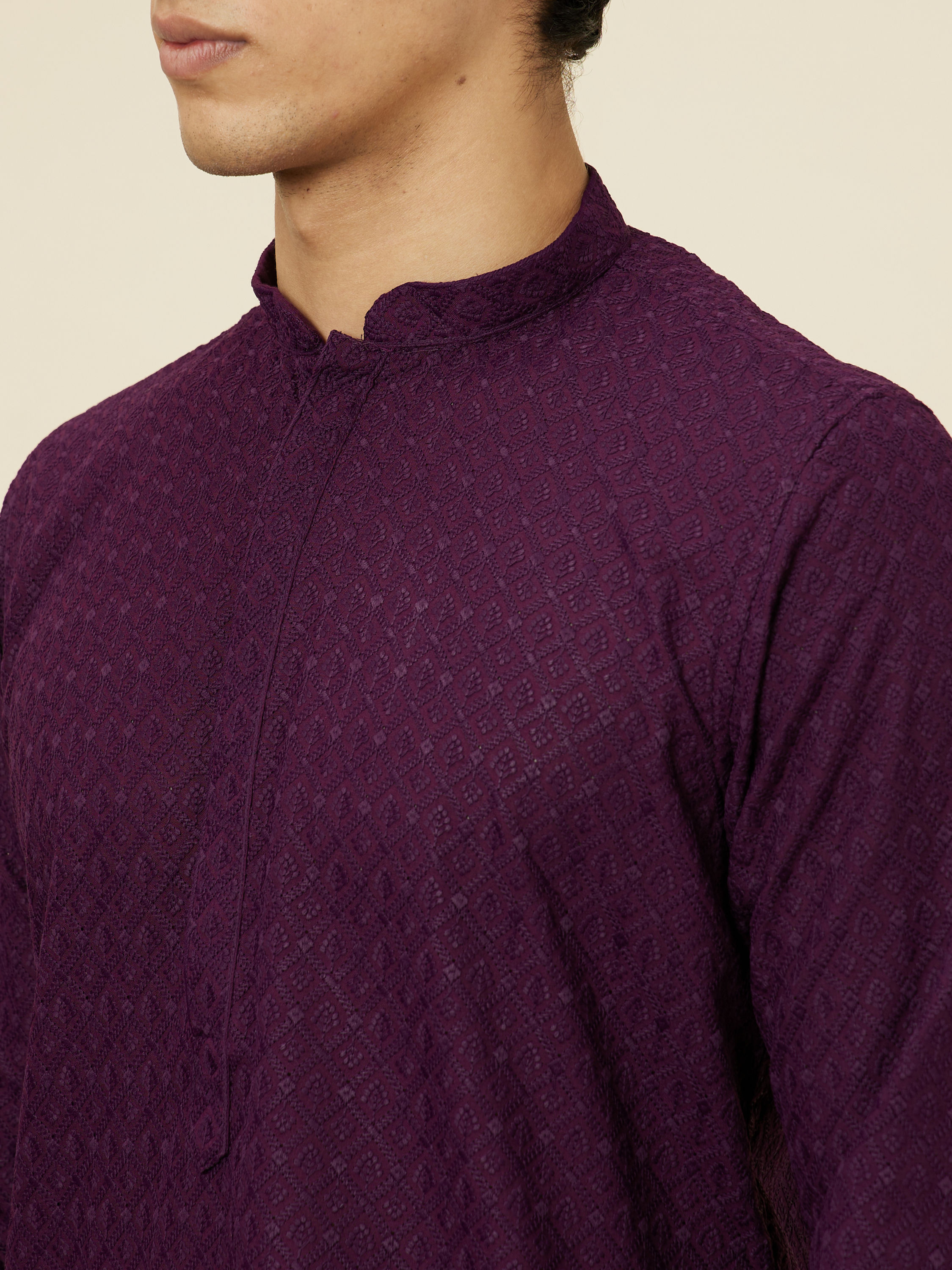 Manyavar Men Jamun Purple Jaal Patterned Chikankari Kurta Set