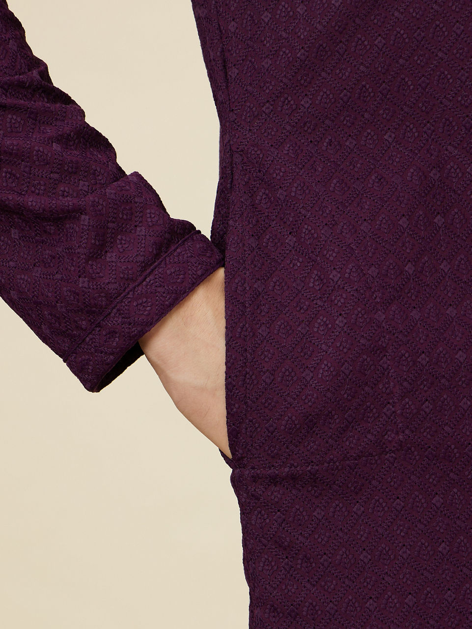 Manyavar Men Jamun Purple Jaal Patterned Chikankari Kurta Set