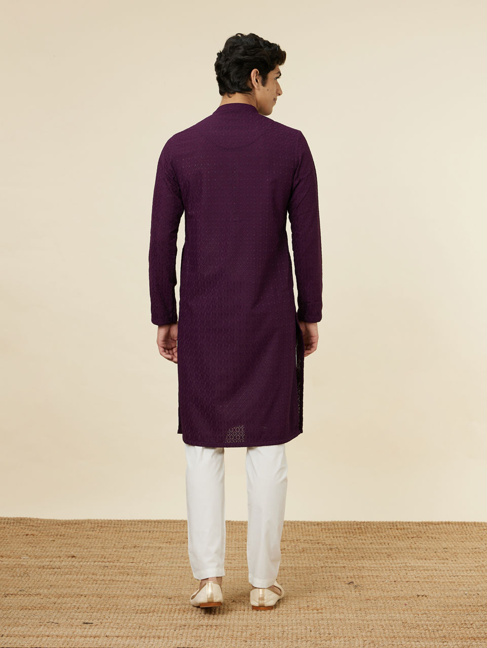 Manyavar Men Jamun Purple Jaal Patterned Chikankari Kurta Set