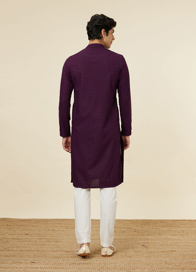 Manyavar Men Jamun Purple Jaal Patterned Chikankari Kurta Set