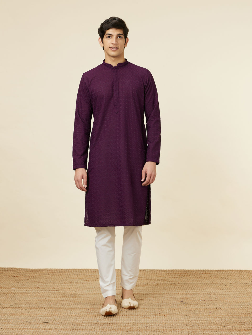 Manyavar Men Jamun Purple Jaal Patterned Chikankari Kurta Set
