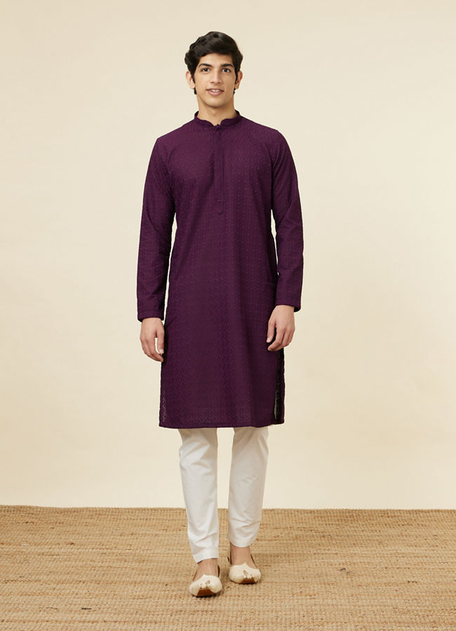 Manyavar Men Jamun Purple Jaal Patterned Chikankari Kurta Set
