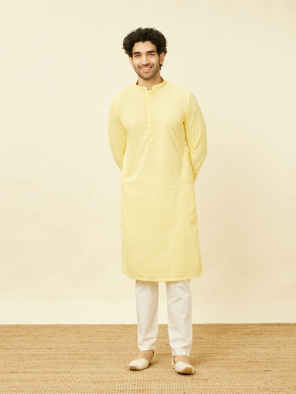 Manyavar Men Lemon Drop Yellow Chikankari Embroidered Kurta Set