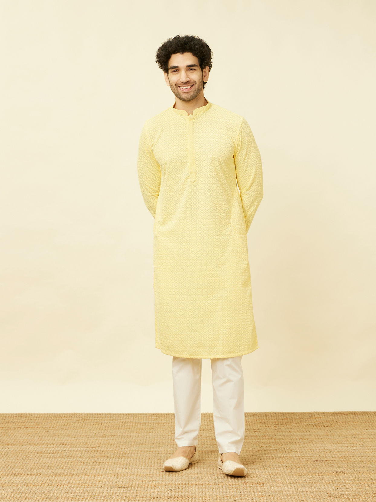Manyavar Men Lemon Drop Yellow Chikankari Embroidered Kurta Set