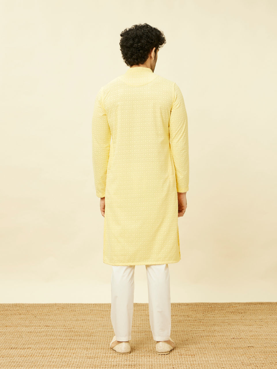 Manyavar Men Lemon Drop Yellow Chikankari Embroidered Kurta Set