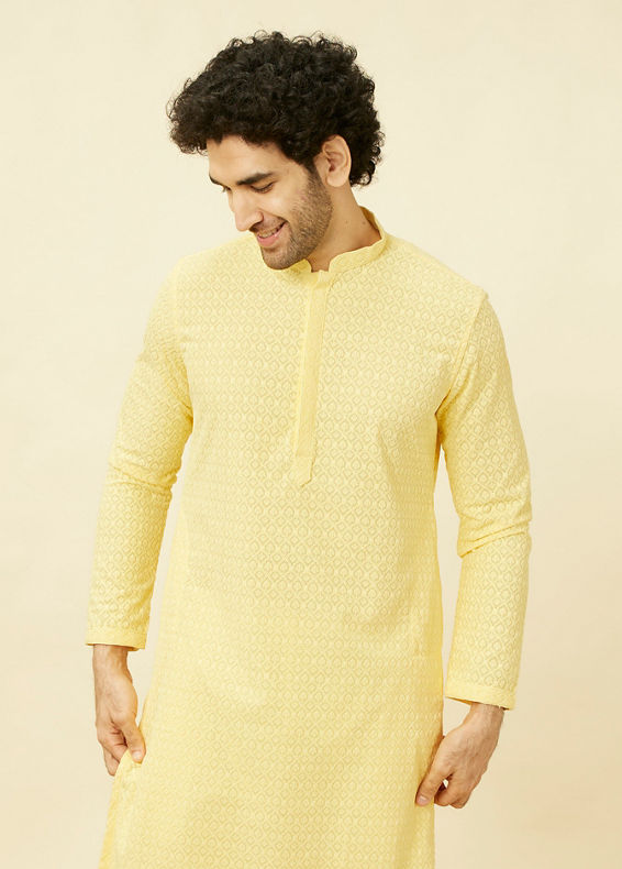 Manyavar Men Lemon Drop Yellow Chikankari Embroidered Kurta Set