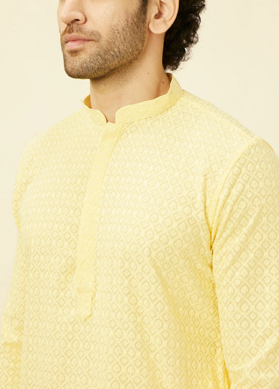 Manyavar Men Lemon Drop Yellow Chikankari Embroidered Kurta Set