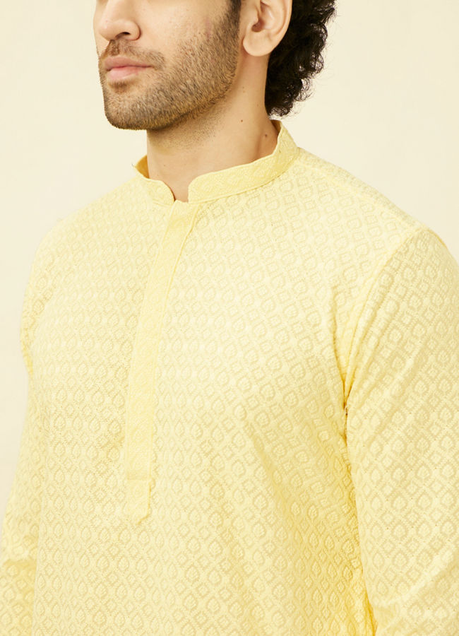 Manyavar Men Lemon Drop Yellow Chikankari Embroidered Kurta Set