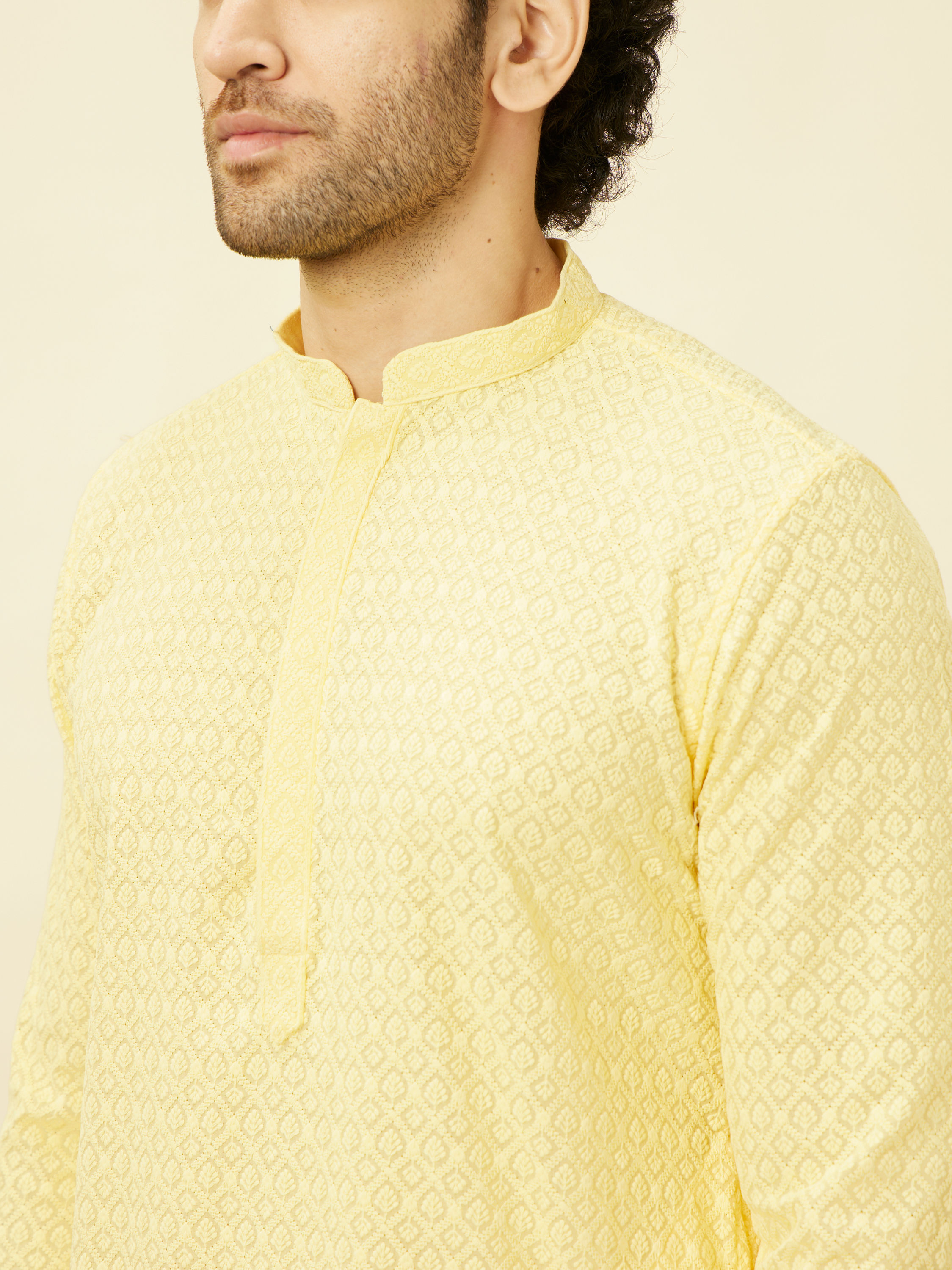 Manyavar Men Lemon Drop Yellow Chikankari Embroidered Kurta Set