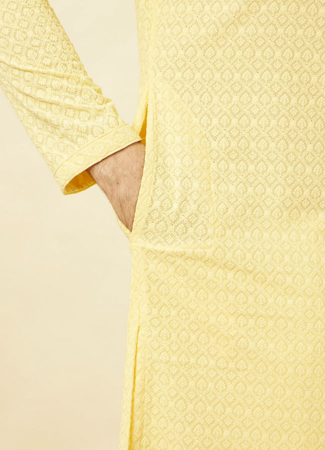 Manyavar Men Lemon Drop Yellow Chikankari Embroidered Kurta Set