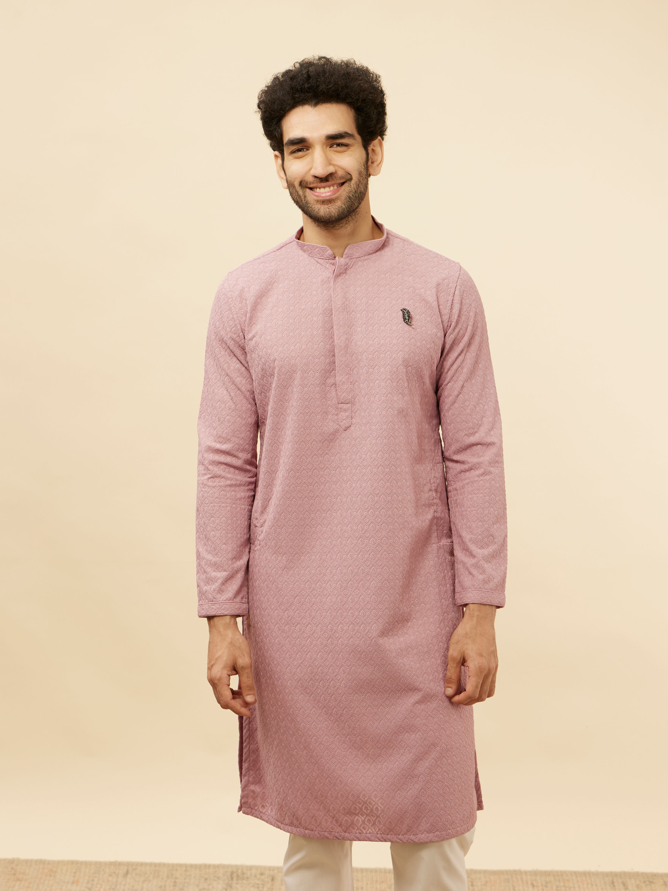 Manyavar Men Amaranth Pink Chikankari Jaal Patterned Kurta Set