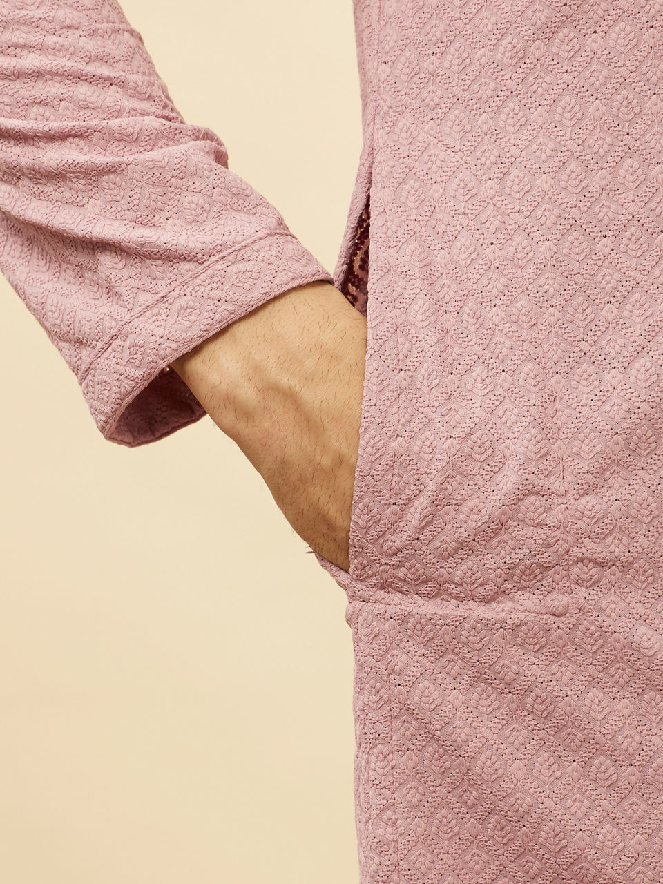 Manyavar Men Amaranth Pink Chikankari Jaal Patterned Kurta Set