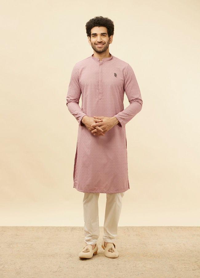 alt message - Manyavar Men Amaranth Pink Chikankari Jaal Patterned Kurta Set image number 2