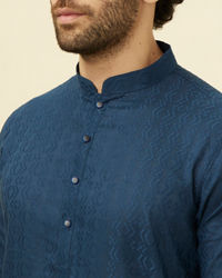 Manyavar Men Space Blue Self Patterned Kurta Set