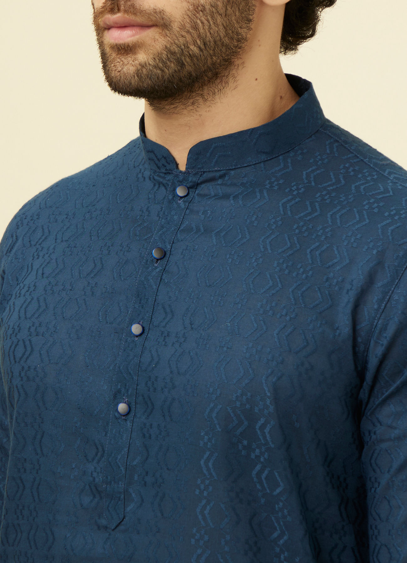 Manyavar Men Space Blue Self Patterned Kurta Set