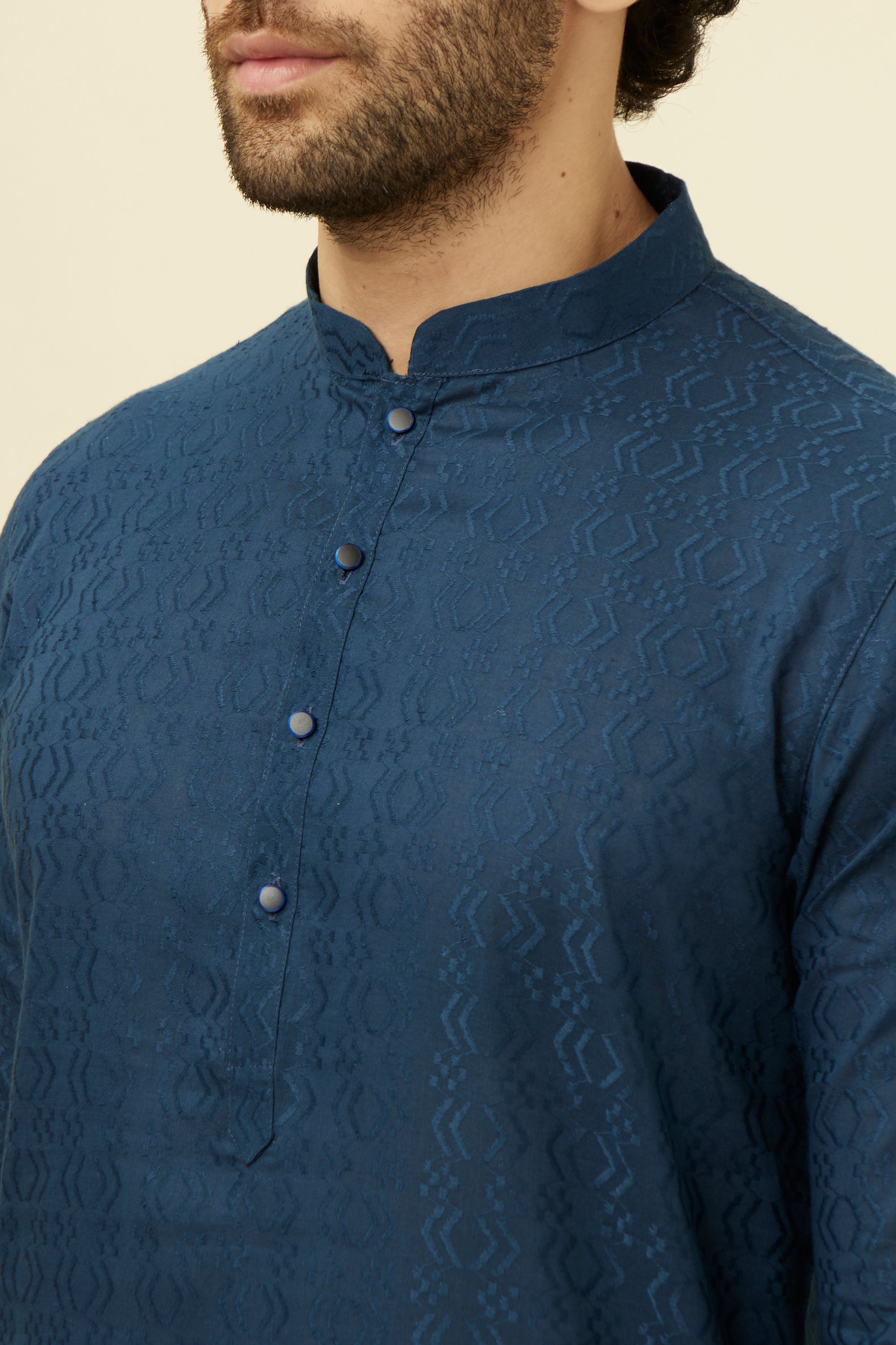 Manyavar Men Space Blue Self Patterned Kurta Set