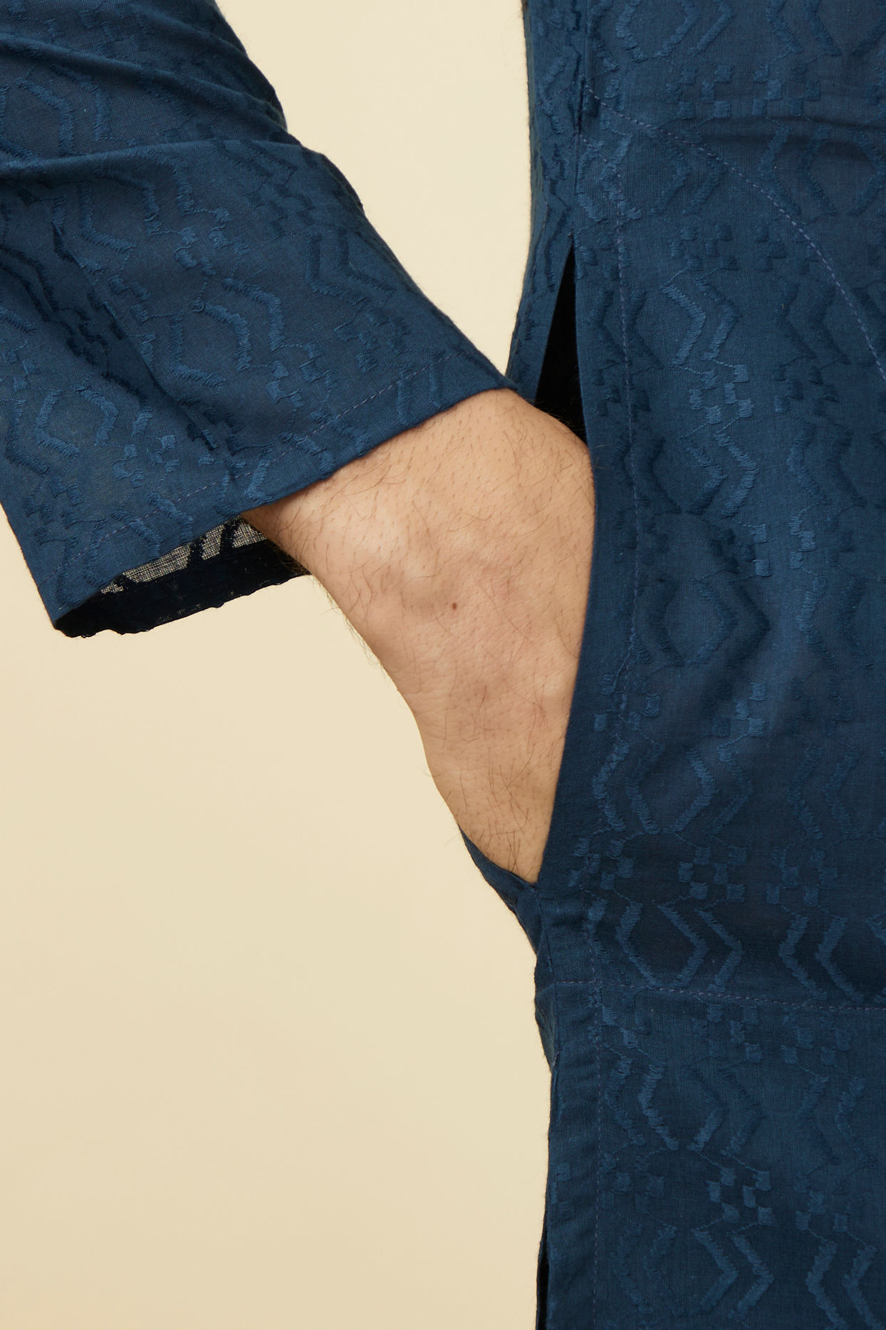 Manyavar Men Space Blue Self Patterned Kurta Set