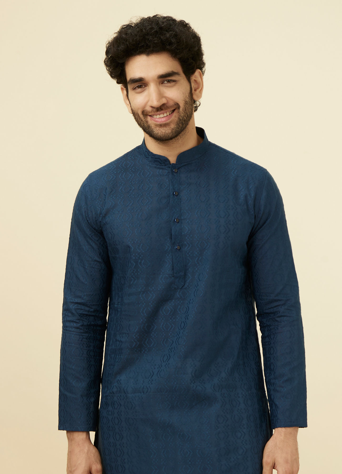 Manyavar Men Space Blue Self Patterned Kurta Set