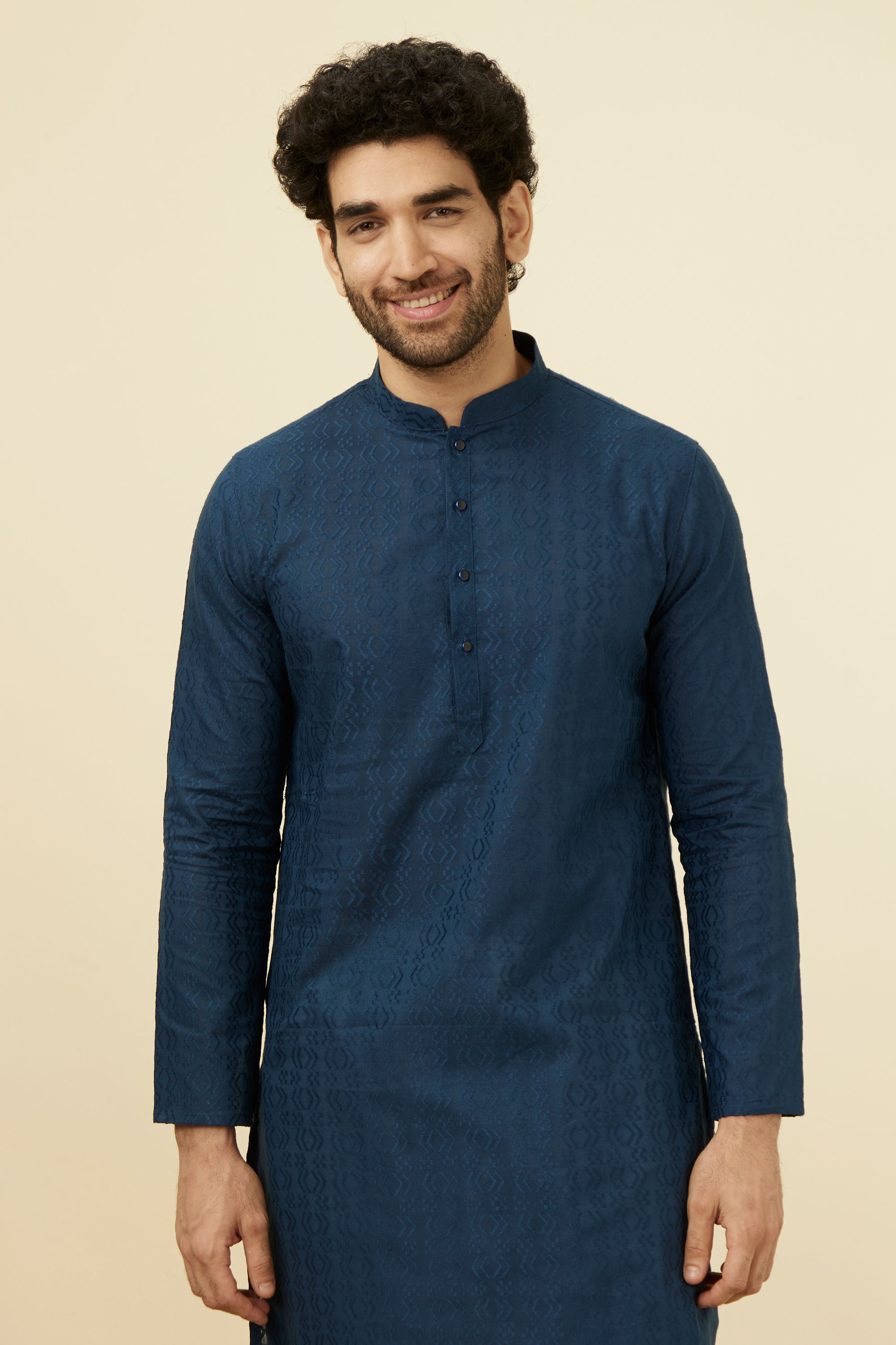 Manyavar Men Space Blue Self Patterned Kurta Set