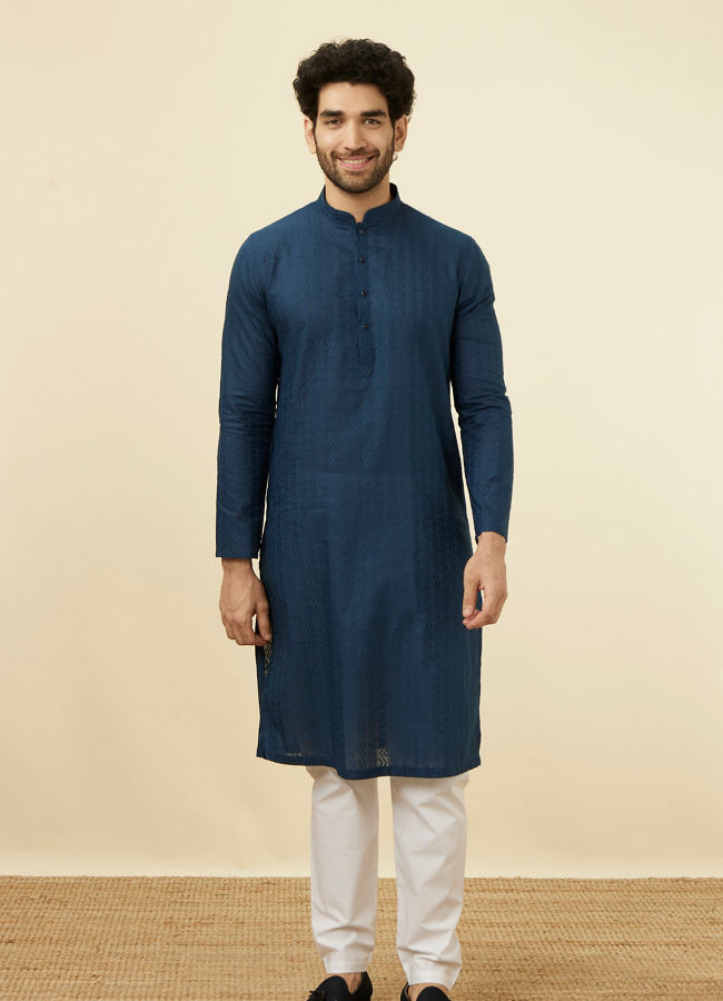 Manyavar Men Space Blue Self Patterned Kurta Set