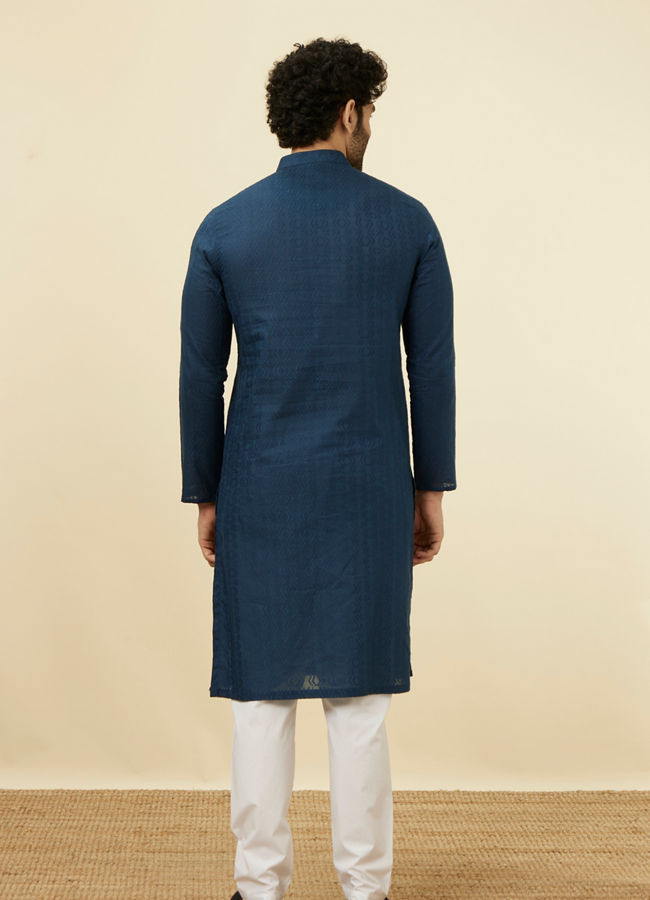 Manyavar Men Space Blue Self Patterned Kurta Set
