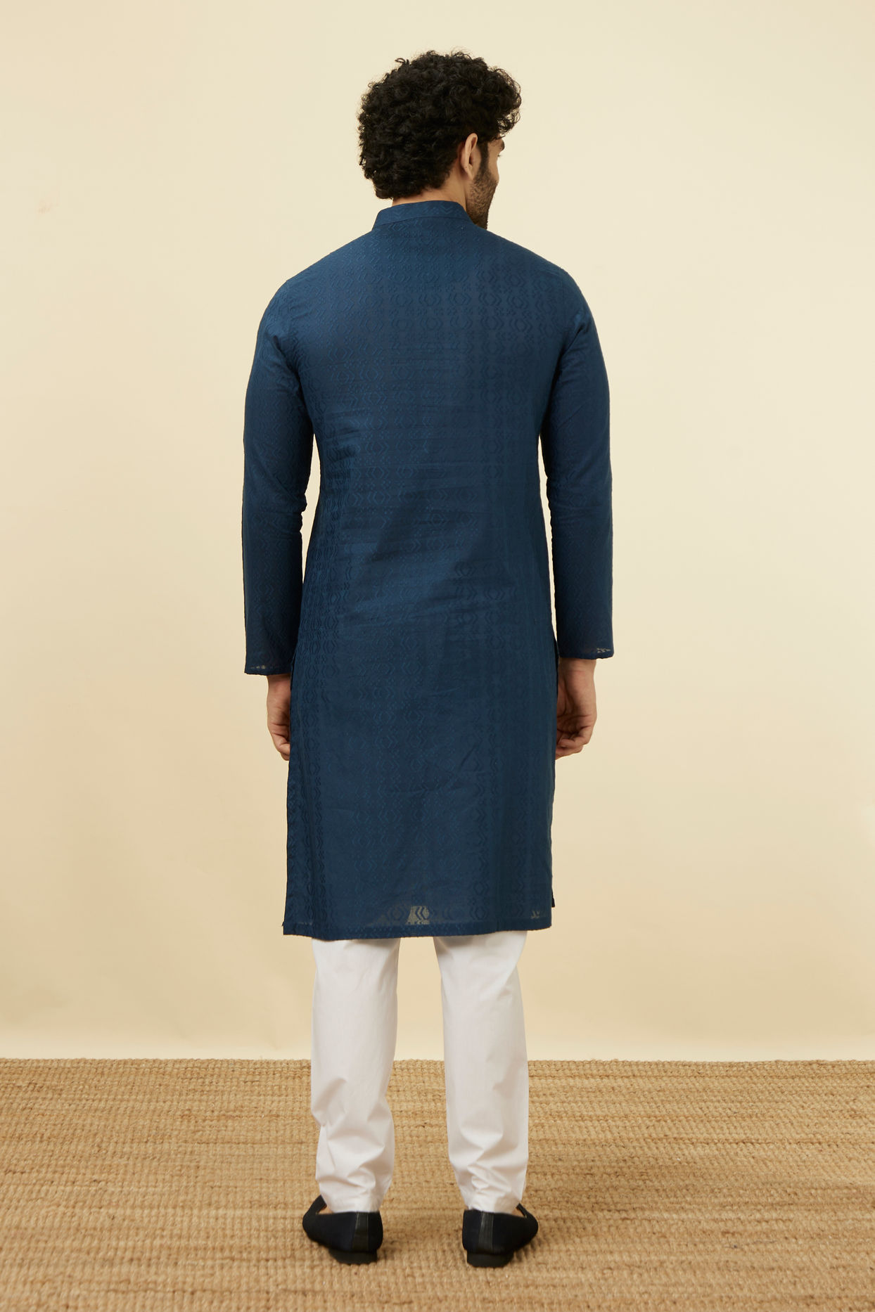Manyavar Men Space Blue Self Patterned Kurta Set
