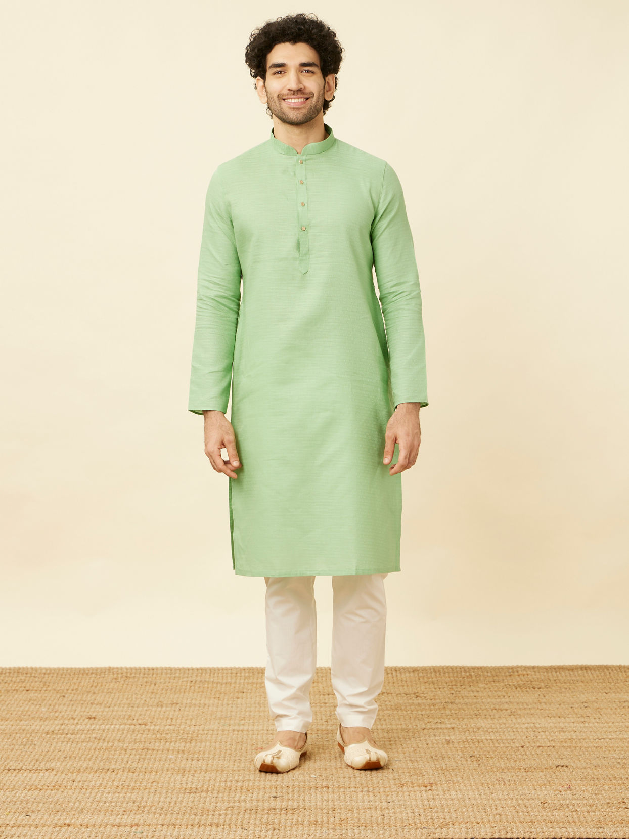 alt message - Manyavar Men Mint Green Diamond Printed Kurta Set image number 2