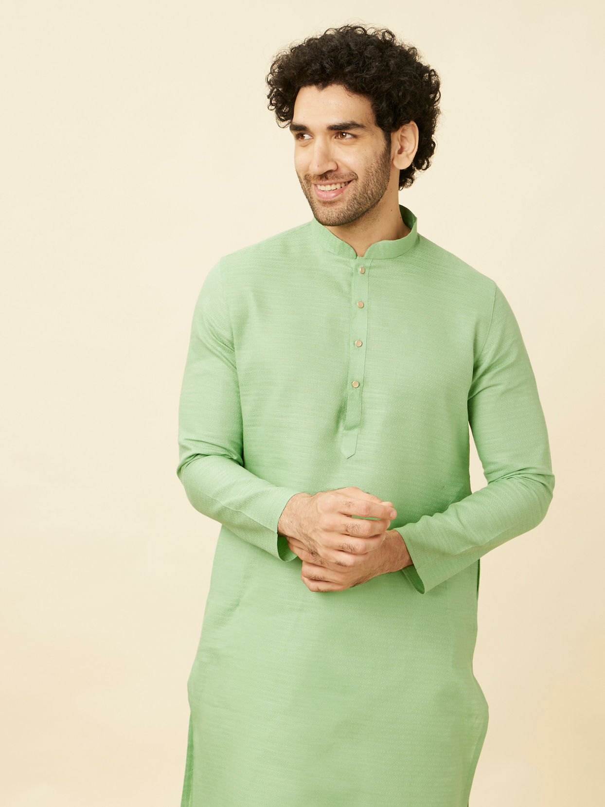 alt message - Manyavar Men Mint Green Diamond Printed Kurta Set image number 0