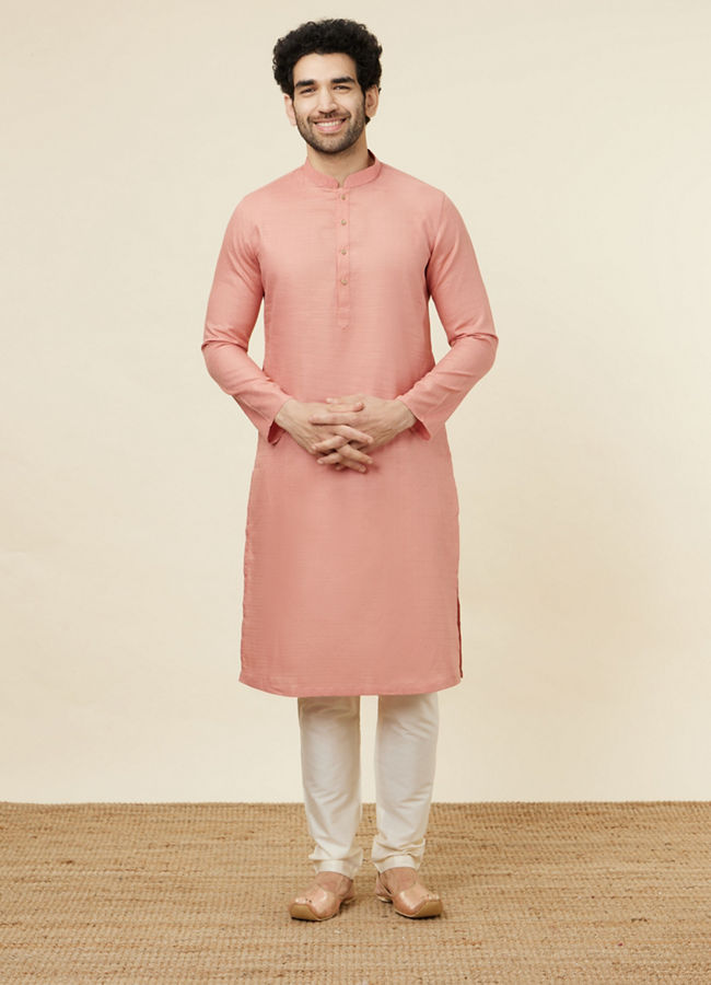 Manyavar Men Burnt Pink Self Patterned Kurta Set