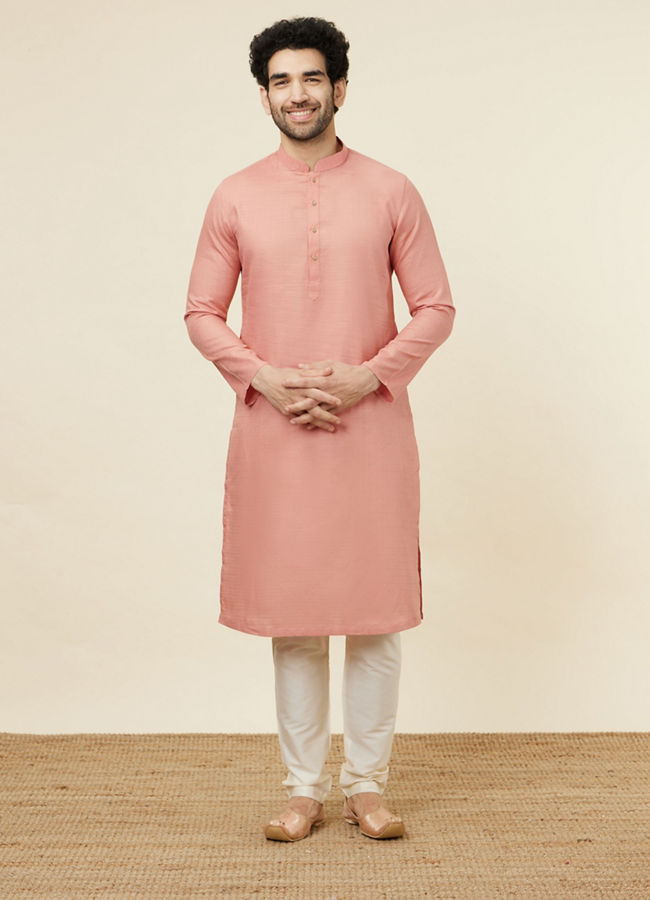 alt message - Manyavar Men Burnt Pink Self Patterned Kurta Set image number 2