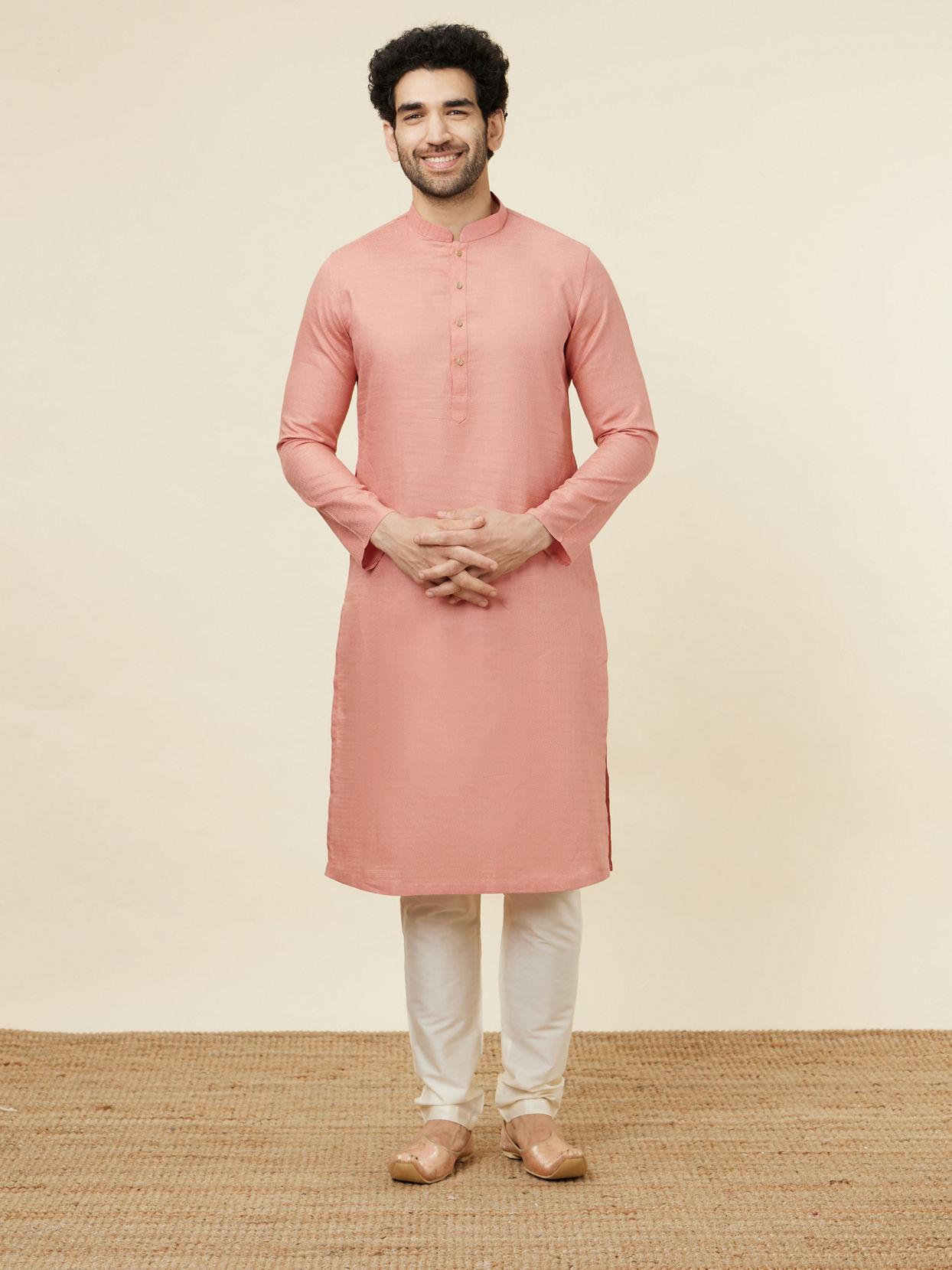 alt message - Manyavar Men Burnt Pink Self Patterned Kurta Set image number 2