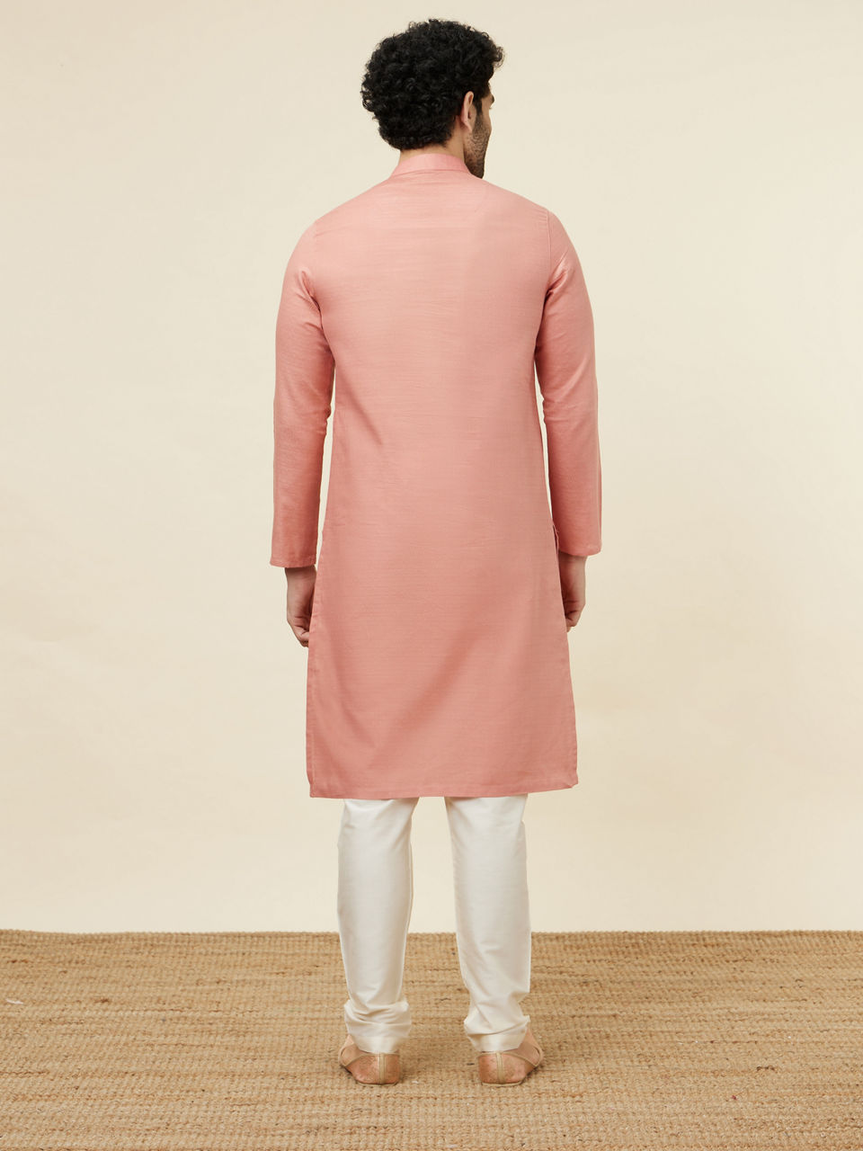 Manyavar Men Burnt Pink Self Patterned Kurta Set