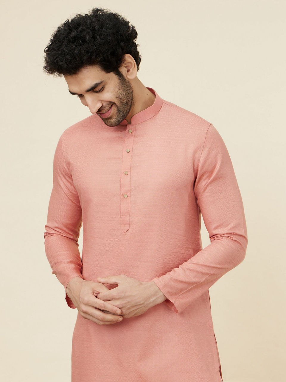 Manyavar Men Burnt Pink Self Patterned Kurta Set