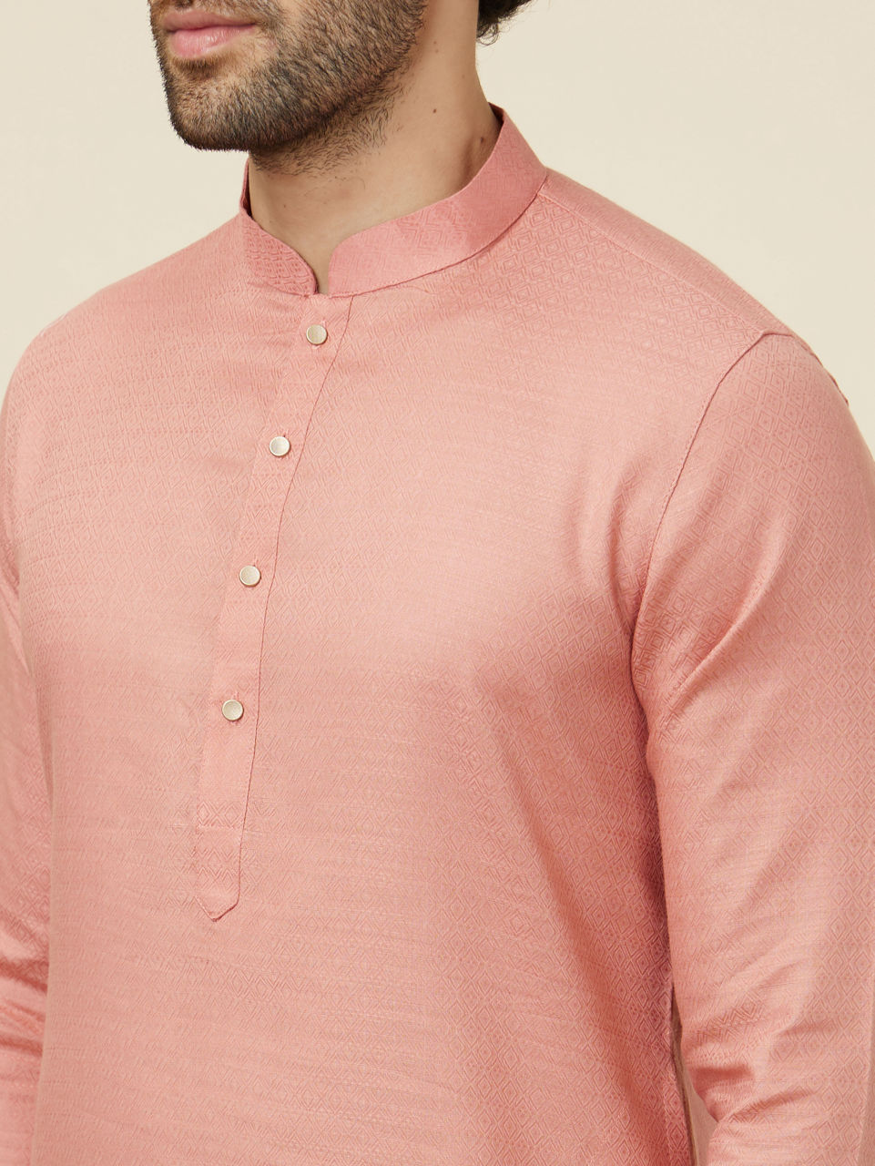 Manyavar Men Burnt Pink Self Patterned Kurta Set