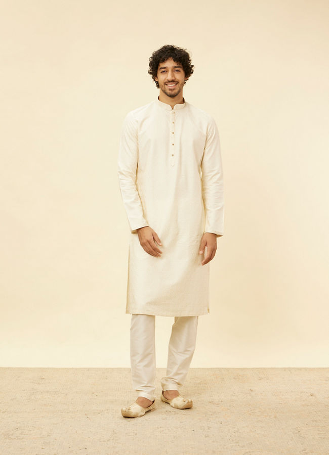 alt message - Manyavar Men Pristine White Self Patterned Kurta Set image number 2