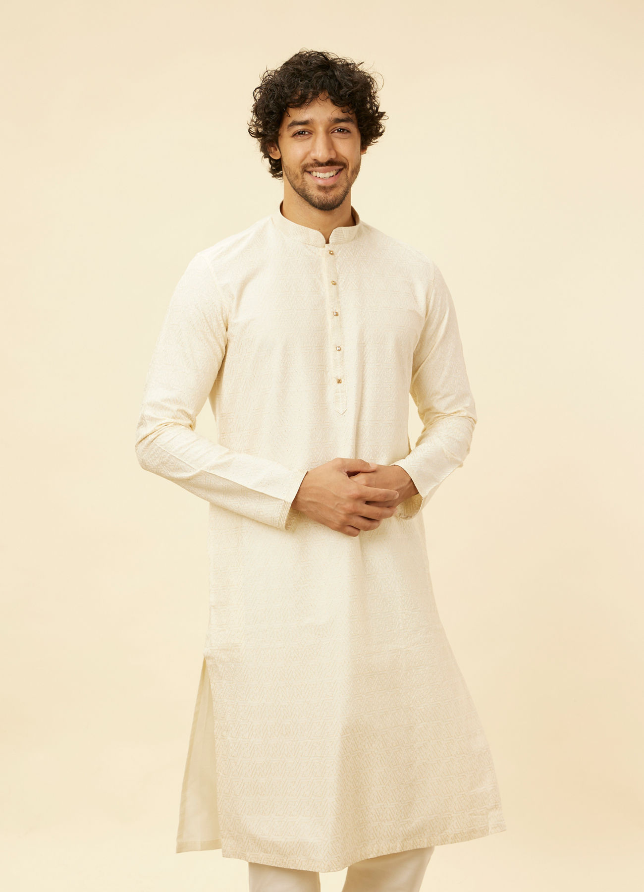 Manyavar Men Pristine White Self Patterned Kurta Set