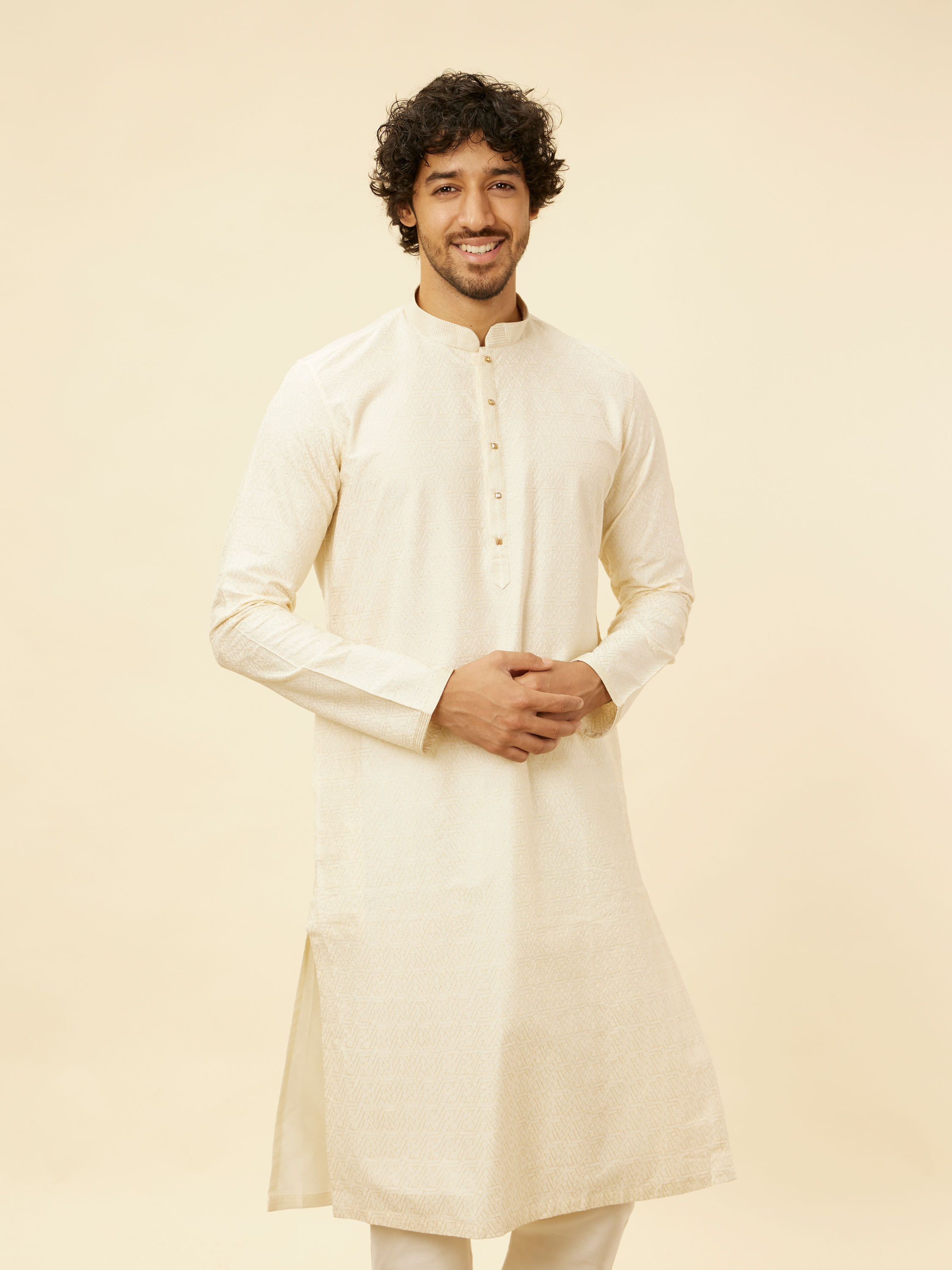 Manyavar Men Pristine White Self Patterned Kurta Set