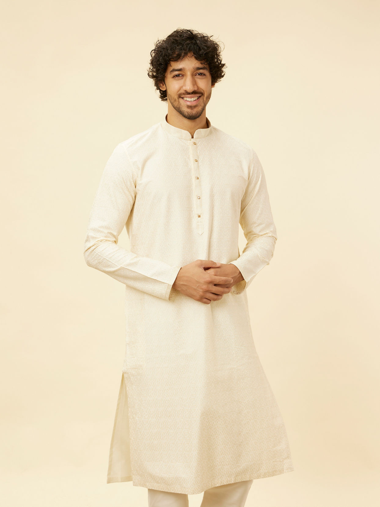 Manyavar Men Pristine White Self Patterned Kurta Set