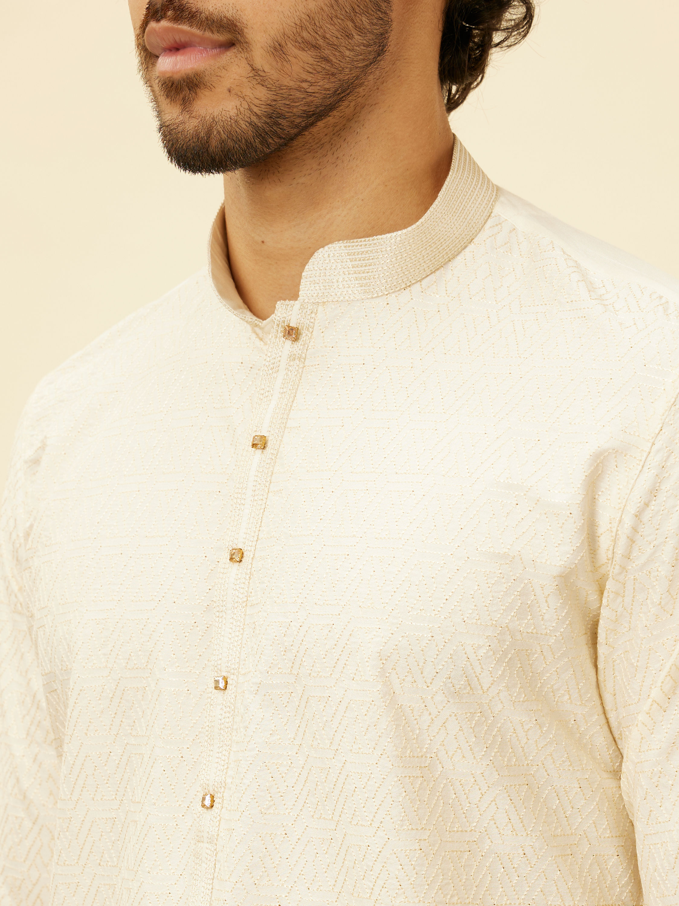 Manyavar Men Pristine White Self Patterned Kurta Set
