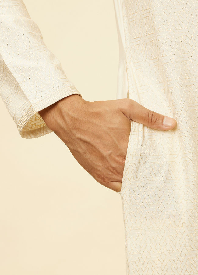 Manyavar Men Pristine White Self Patterned Kurta Set