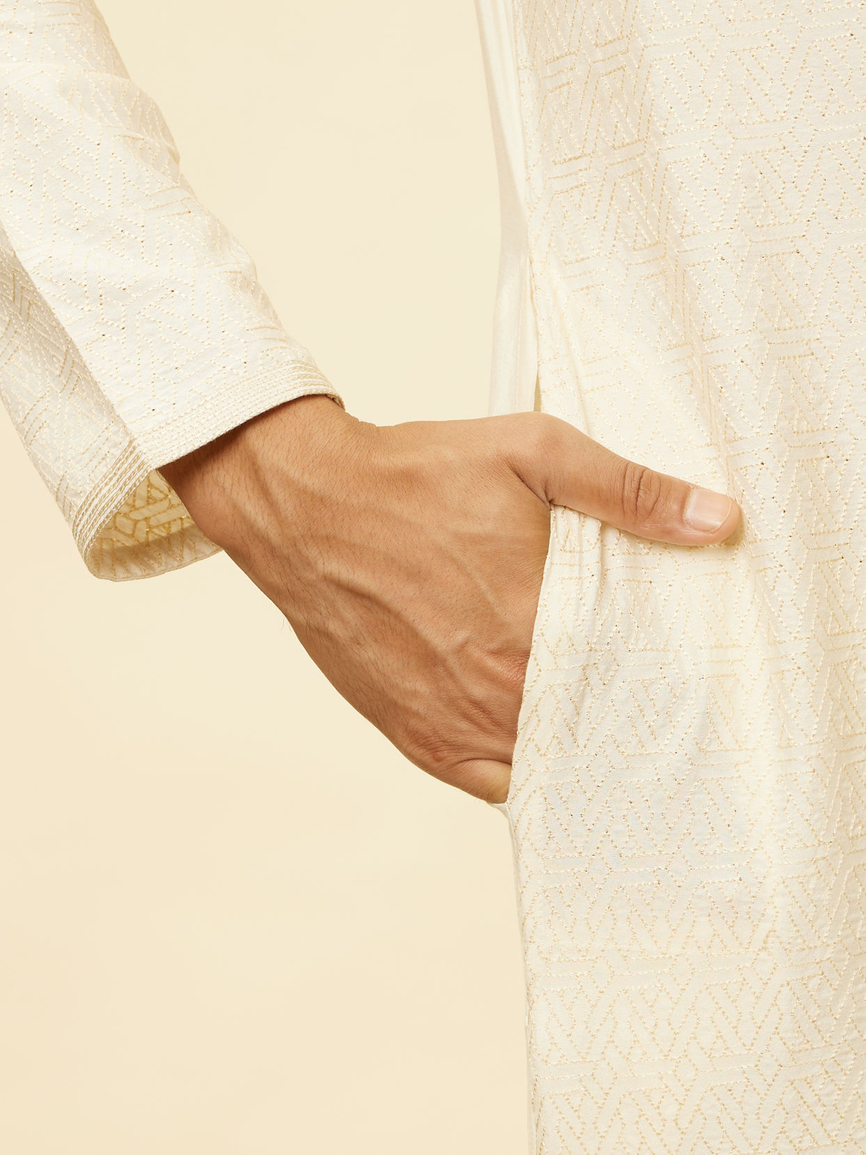 Manyavar Men Pristine White Self Patterned Kurta Set