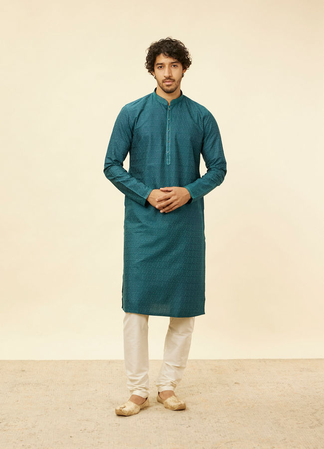 Manyavar Men Teal Green Self Patterned Kurta Set image number 2