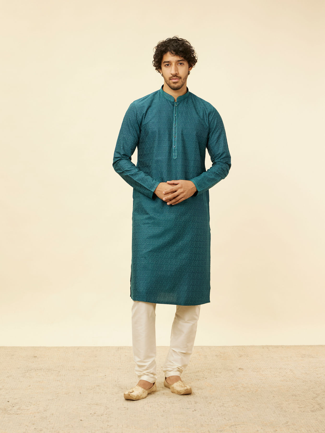 Manyavar Men Teal Green Self Patterned Kurta Set image number 2