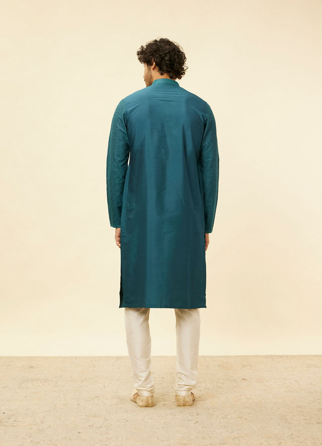 Manyavar Men Teal Green Self Patterned Kurta Set image number 5