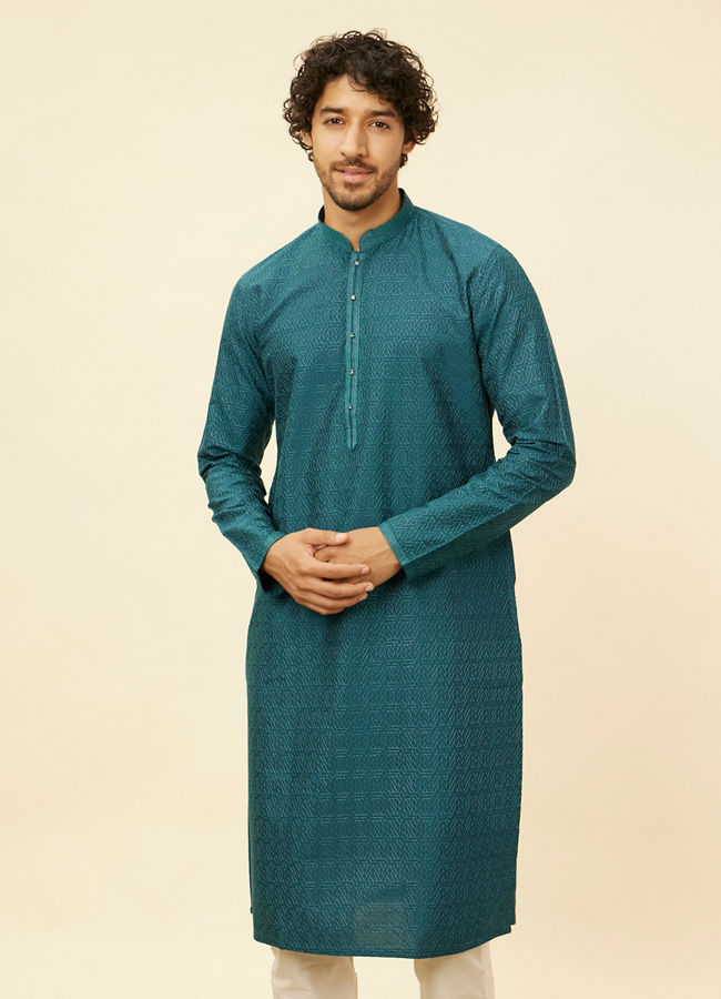 Manyavar Men Teal Green Self Patterned Kurta Set image number 0