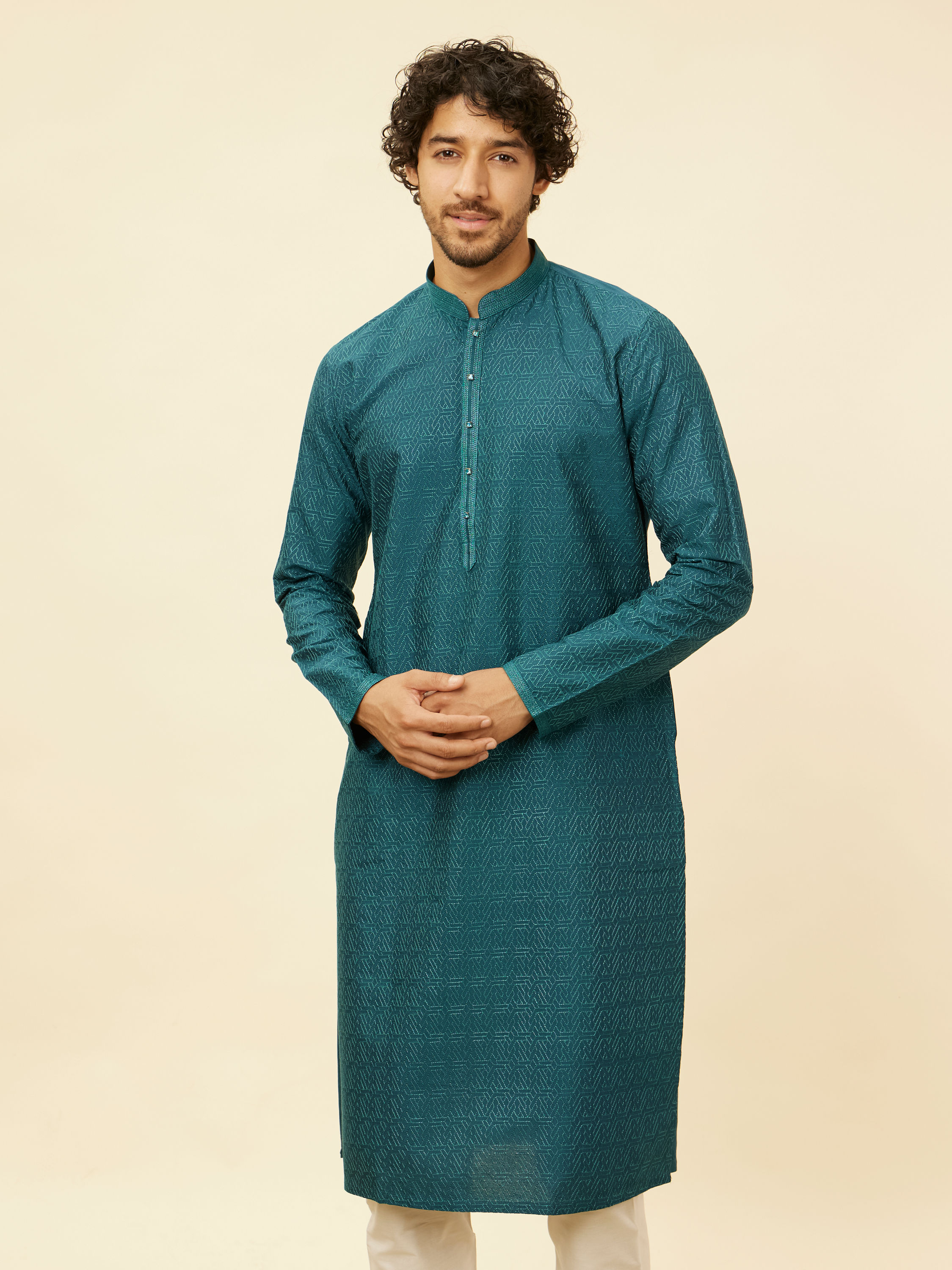 Manyavar Men Teal Green Self Patterned Kurta Set