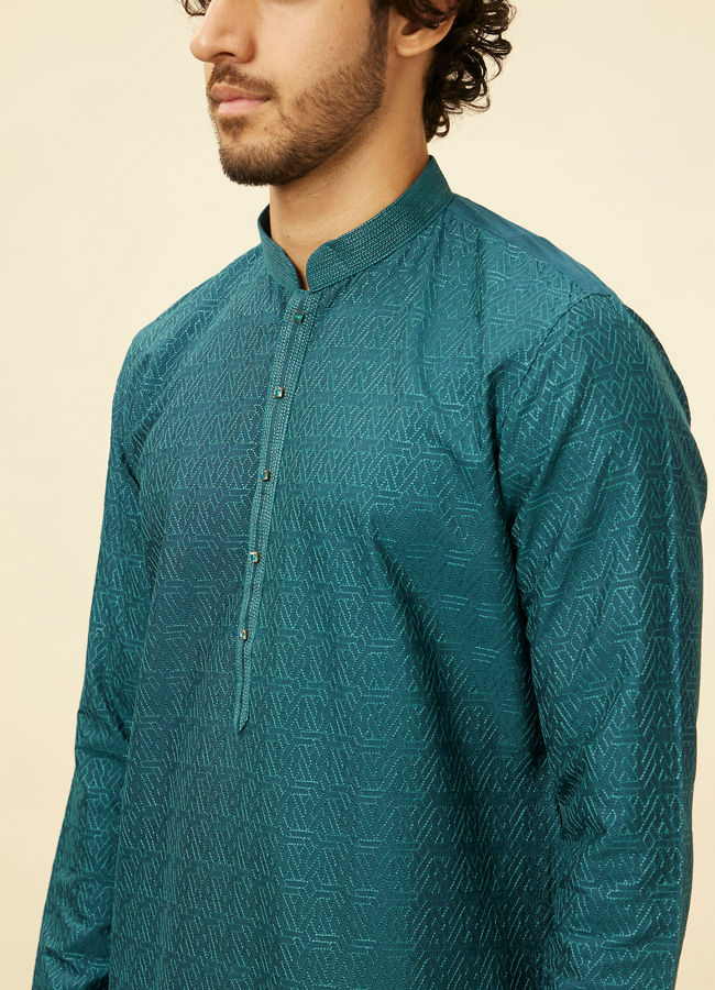 Manyavar Men Teal Green Self Patterned Kurta Set image number 1